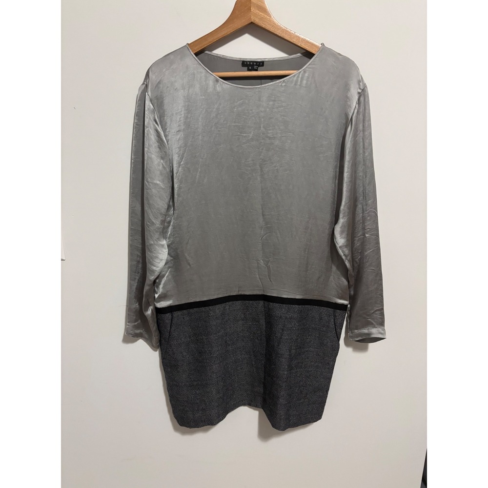 Theory Kaimira Mixed Media Dress Grey Pearl Satin Wool Blend Size 8 NEW